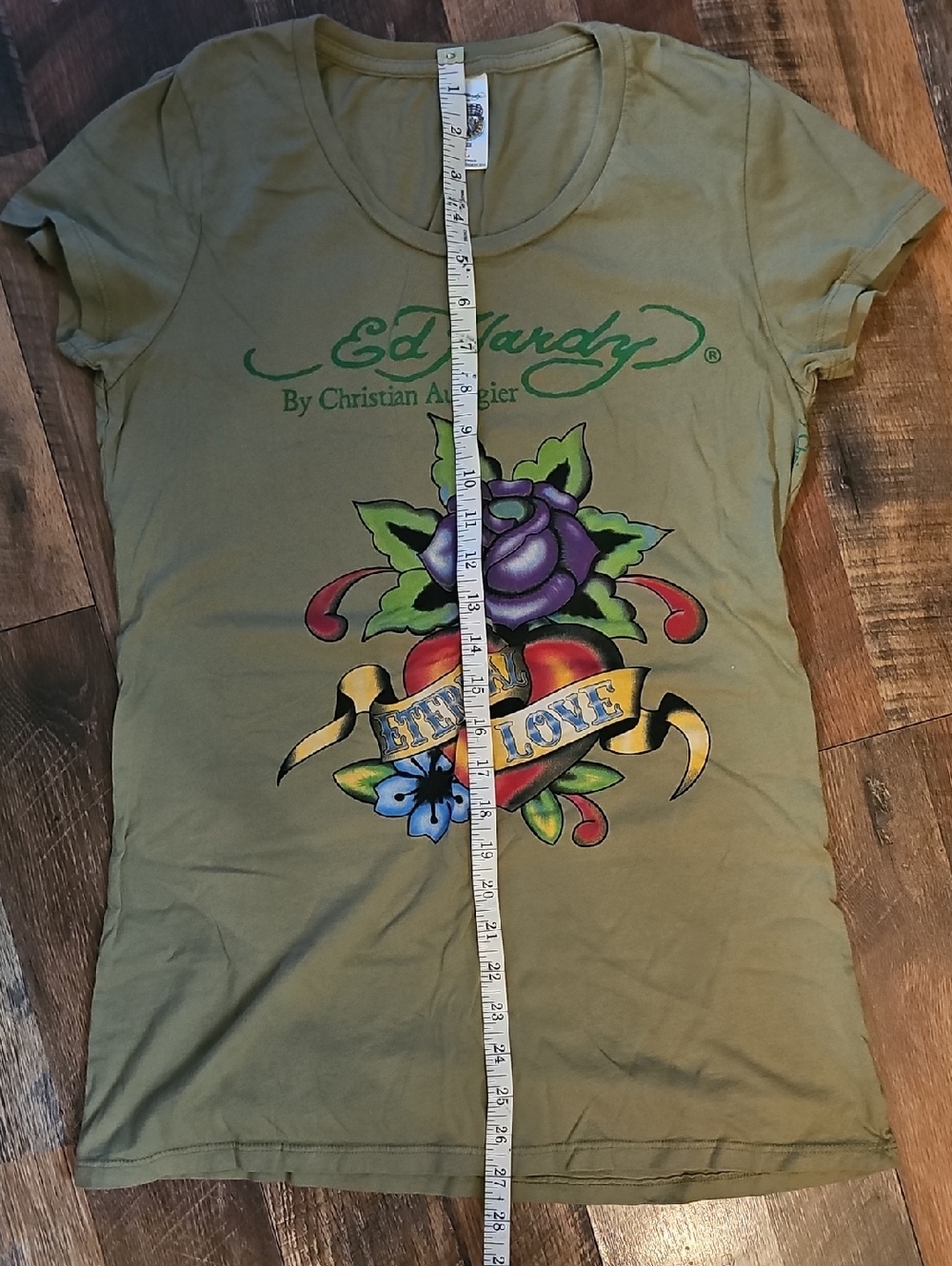 Ed Hardy Olive Tee with Purple Rose and Red Heart Graphic - Picture 5 of 7
